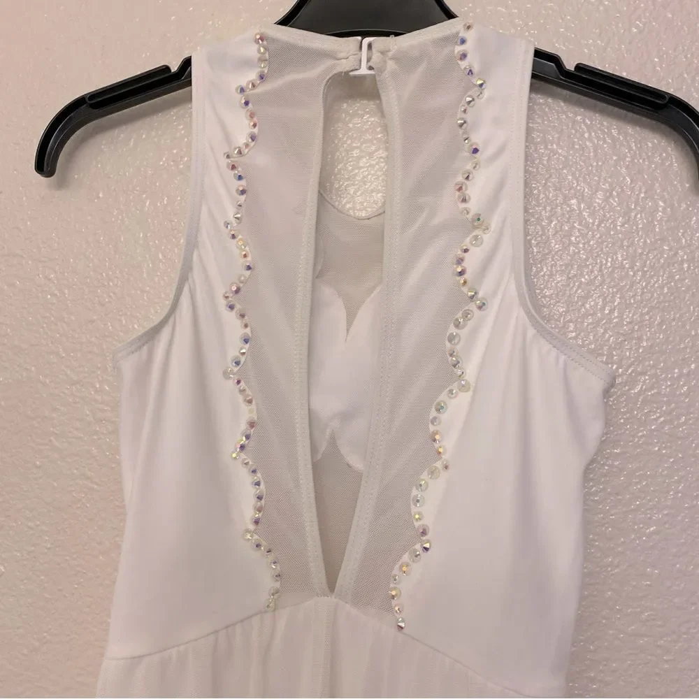 WEISSMAN solo custom Dance white Costume rhinestoned Scallop Hem Dress D10958 LC
